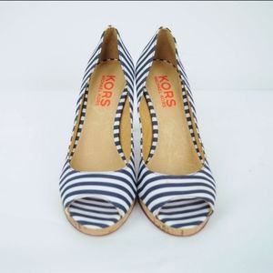 KORS Michael Kors Navy Blue & White Striped Nautical Peep Toe Cork Heels - 8.5